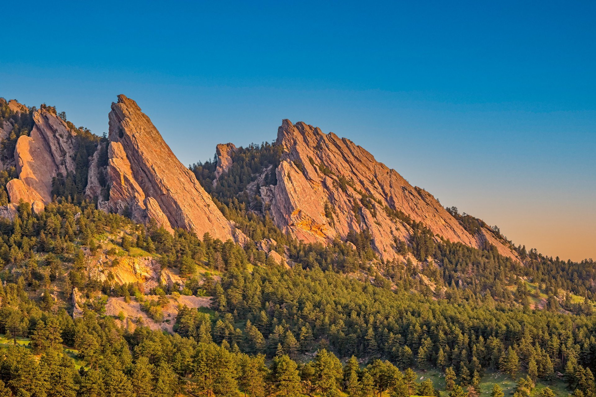 The Flatirons — Boulder's iconic sandstone slab rock formations rising above pine forest under a vivid blue sky
